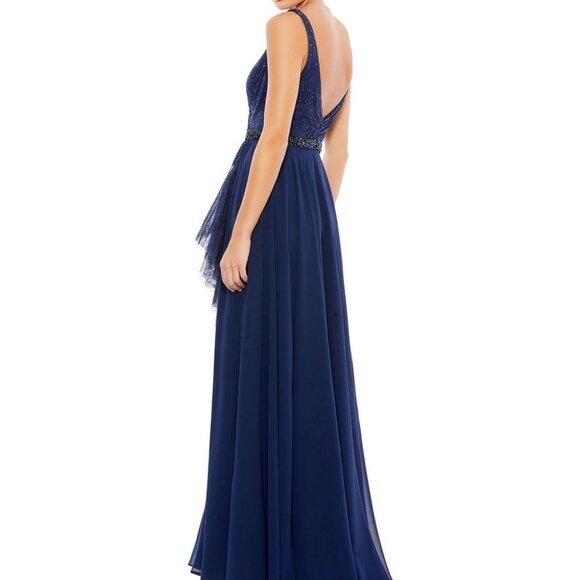Mac Duggal Navy Lace Sequin Slit Beaded Waist Gown - Picture 2 of 3